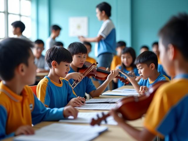 Image of a music academy classroom with students learning, representing Seni Suara Academy