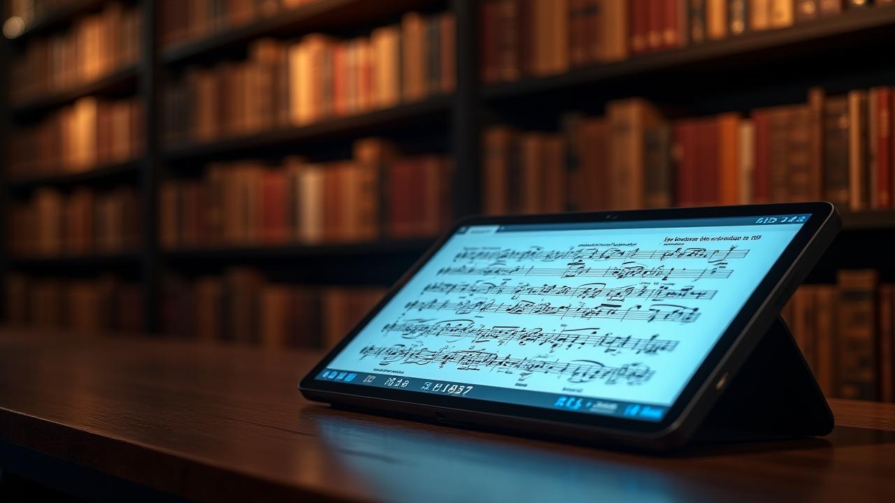 Stylized image of digital music scores on a tablet, blending into a background of blurred physical sheet music shelves.