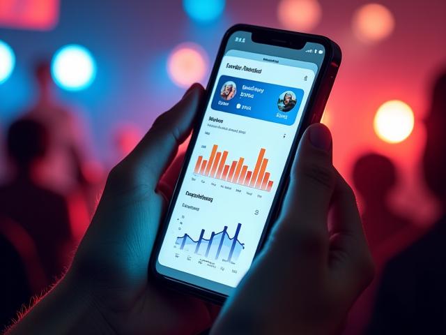 Hands holding a smartphone with social media analytics graph