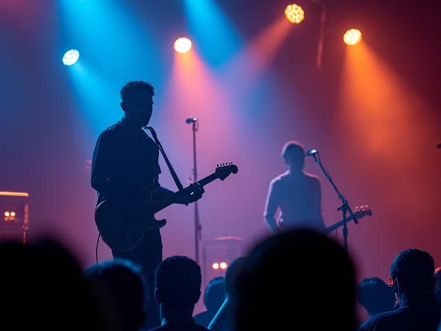 Musician performing on stage with dramatic lighting