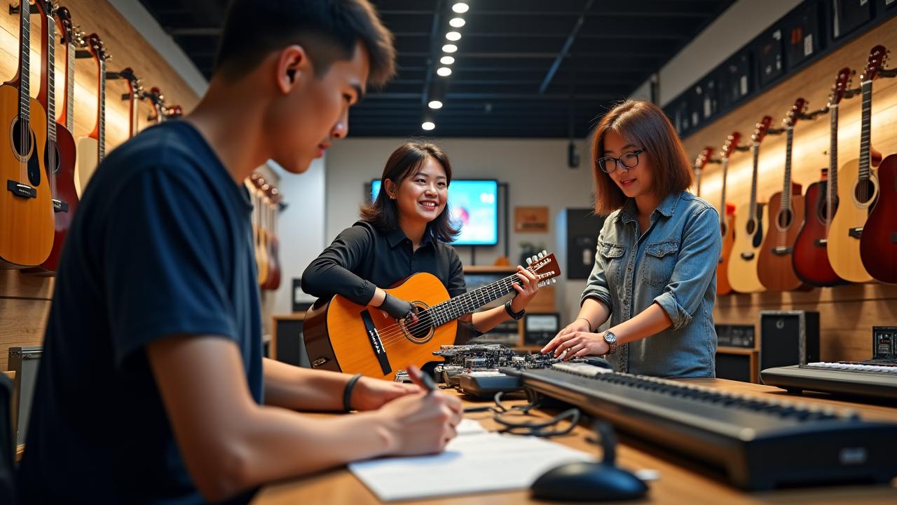 Knowledgeable staff member helping a customer in a modern, well-lit music retail store with guitars and keyboards displayed.