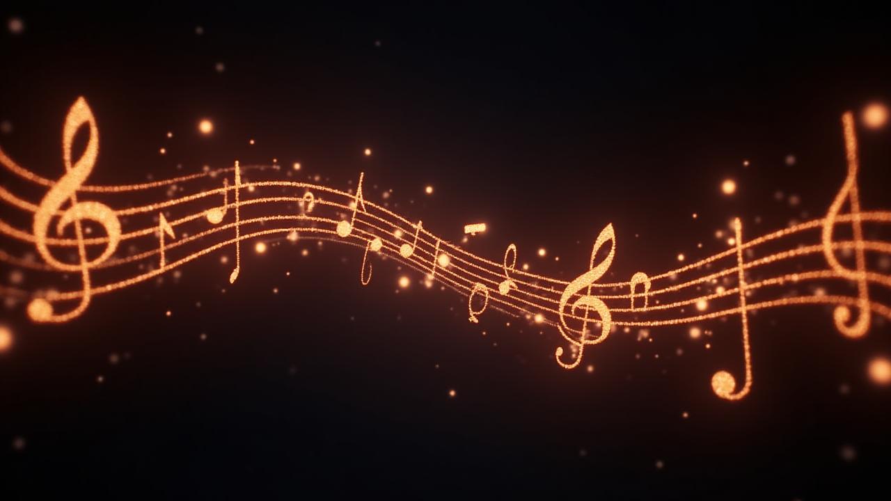 Abstract animated graphic showing musical notes and symbols forming structured patterns