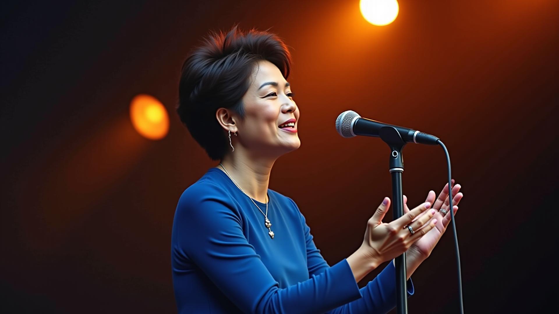 Renowned instructor, Puan Sri Shanti Devi, captivating an audience during a live vocal masterclass with dramatic lighting.