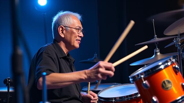 Dynamic Malaysian session drummer, Ben Lee, demonstrating complex rhythms and groove dynamics in a studio.